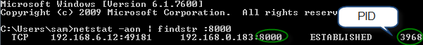 Find PID with dos command netstat -aon